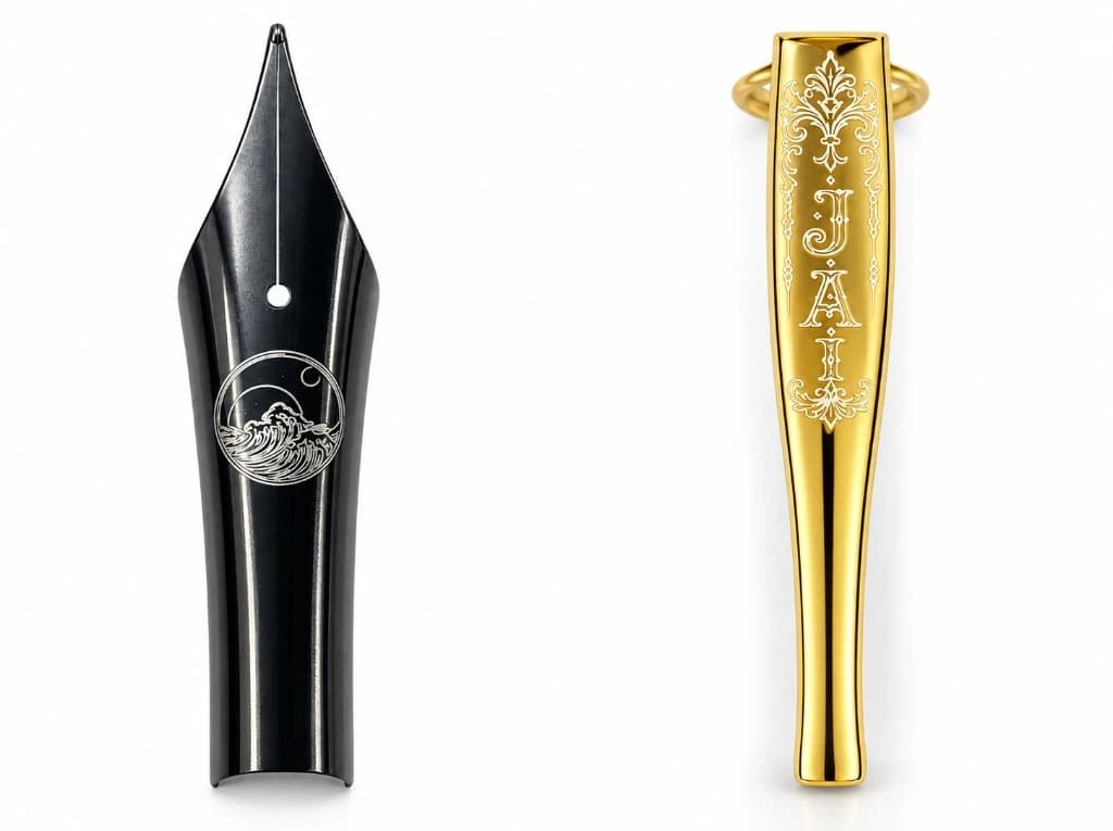 Custom laser engraving on fountain pen nib and gold clip with custom artwork and monogram