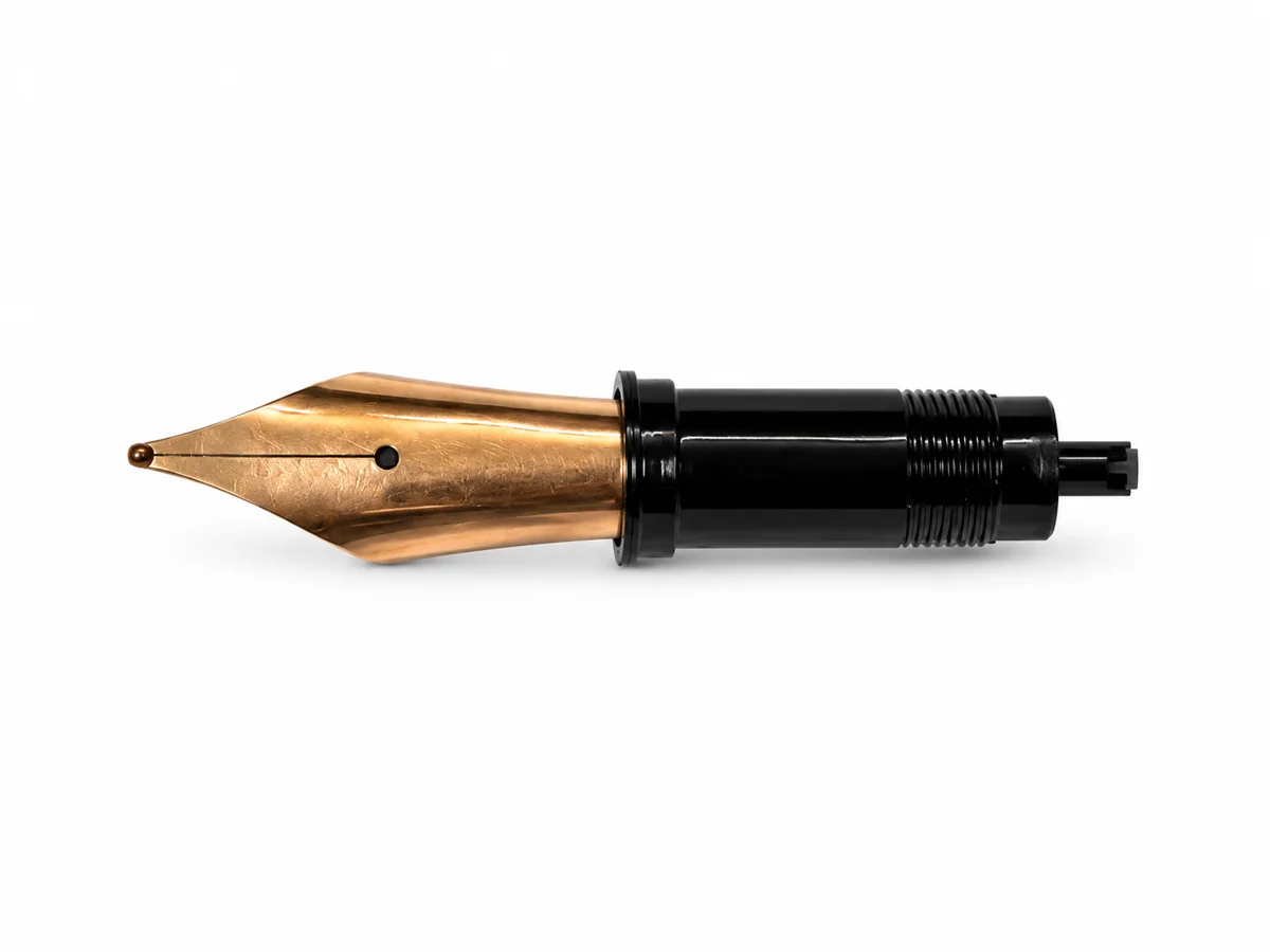 Jowo #6 Type 250 series fountain pen nib in rich polished rose gold finish highlighting fine tine slit